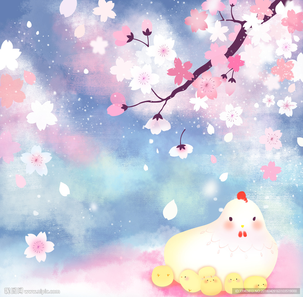 樱花小鸡插画