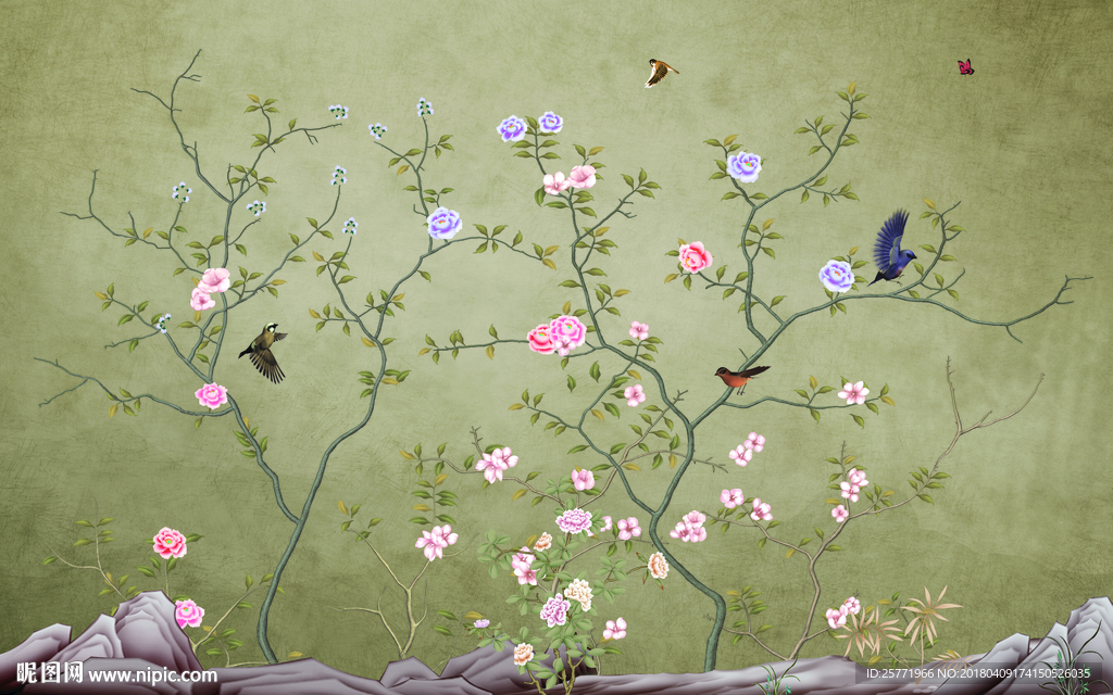 大型分层新中式手绘花鸟壁画