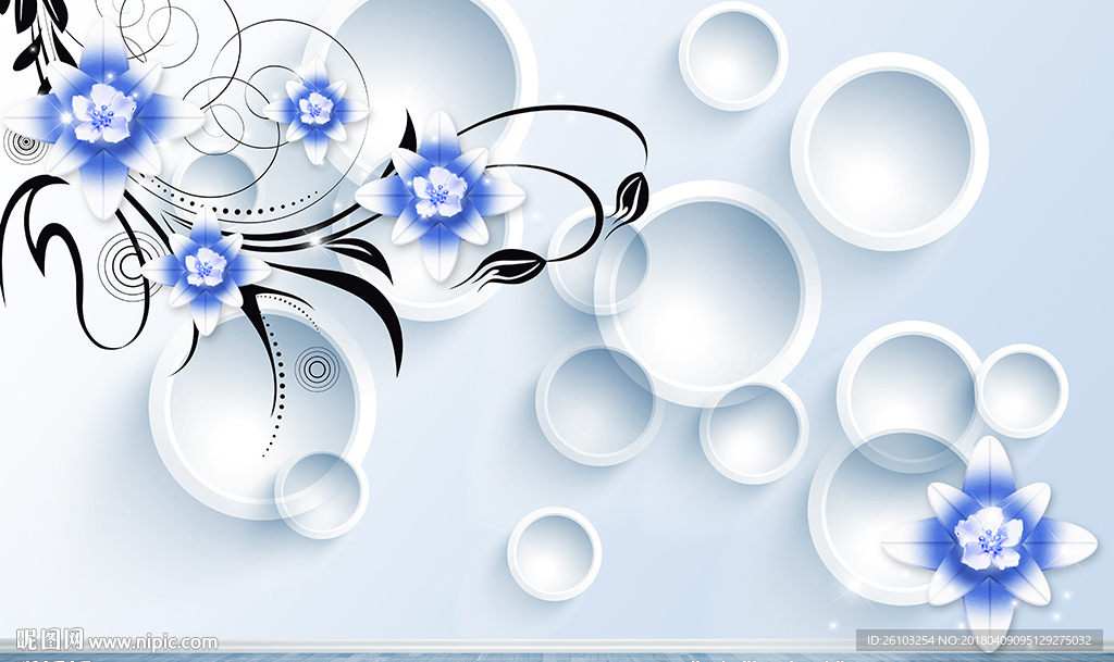 现代蓝色花卉简约圈圈电视背景墙