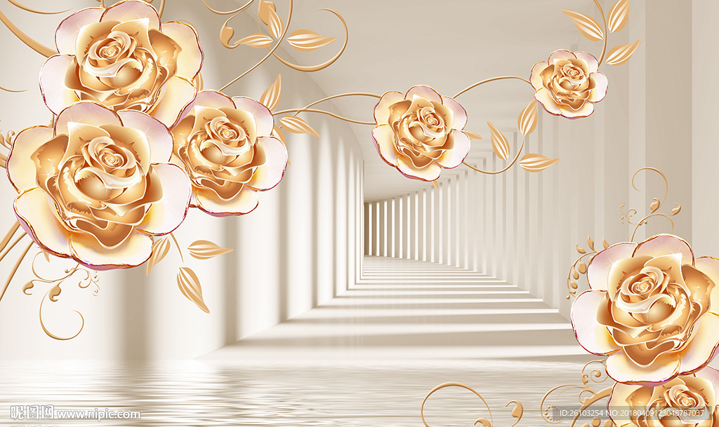 彩雕玫瑰3D走廊电视背景墙
