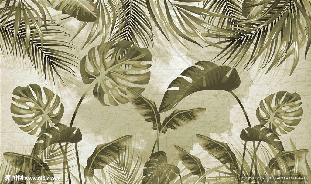 复古芭蕉叶背景墙壁画