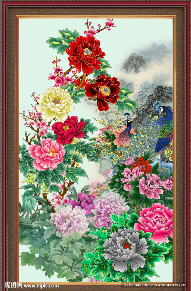 花开富贵孔雀图