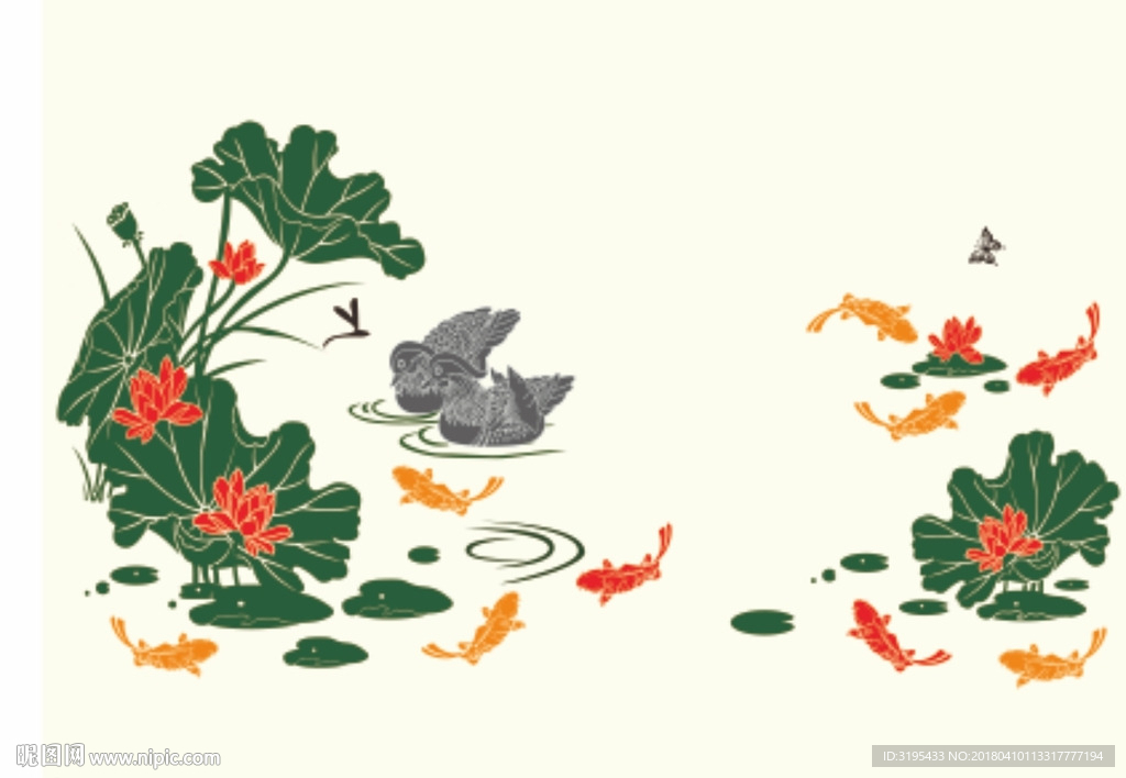 荷花鱼 九鱼图  硅藻泥图案