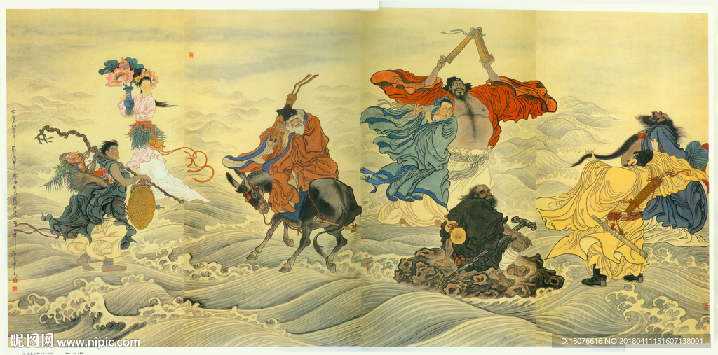 八仙过海工笔画