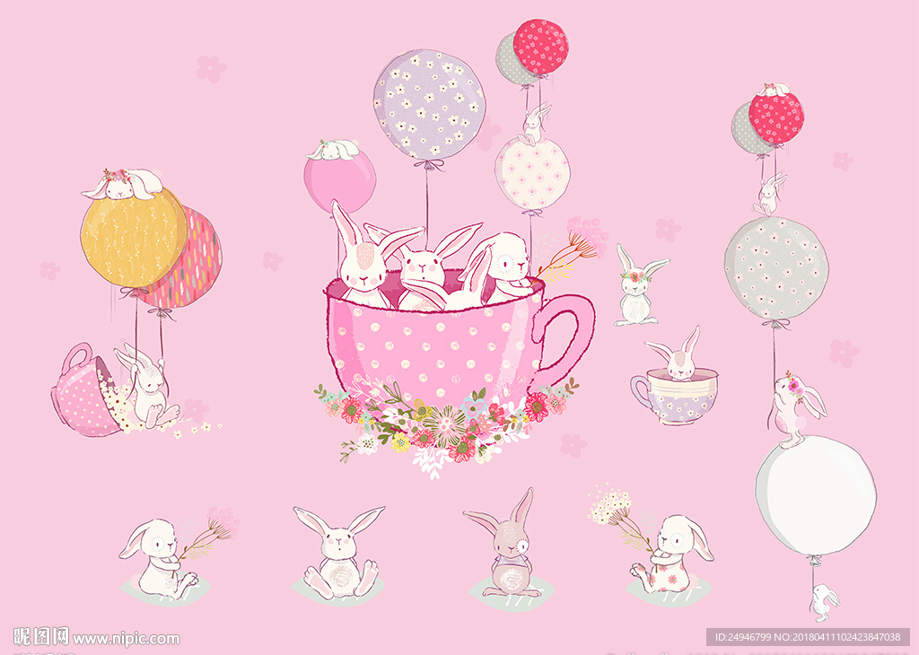 时尚卡通粉色小兔女孩卧室背景墙