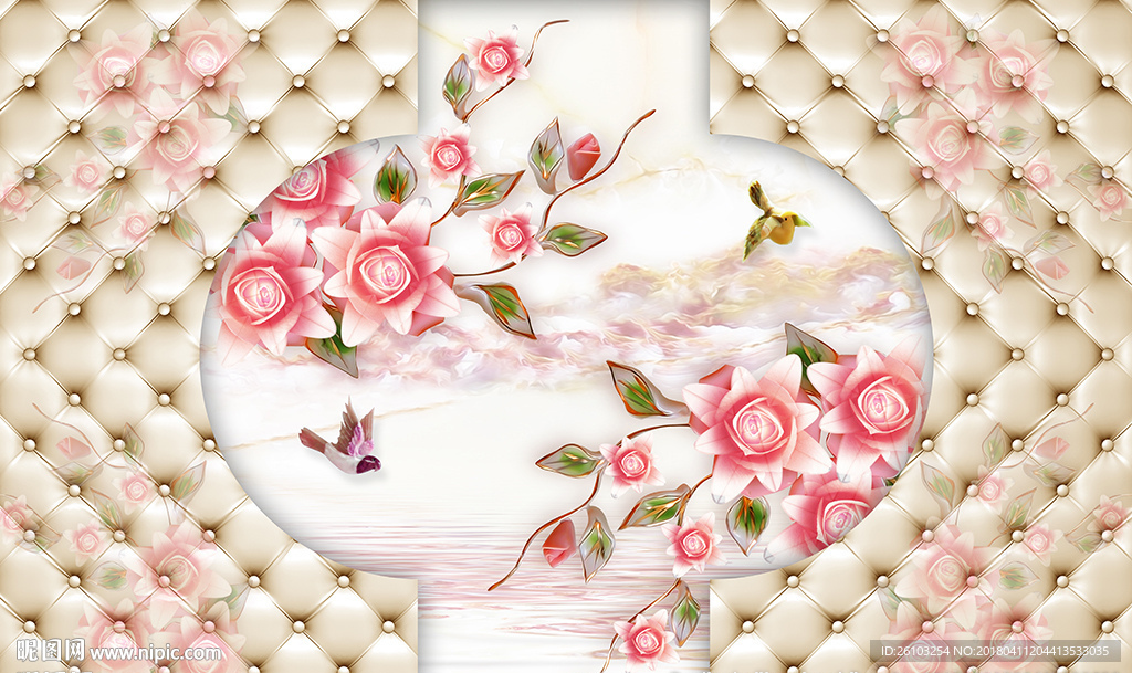 彩雕玫瑰蝴蝶软包电视背景墙