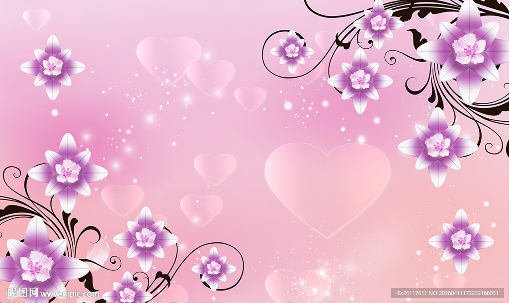 现代花卉梦幻心心电视背景墙