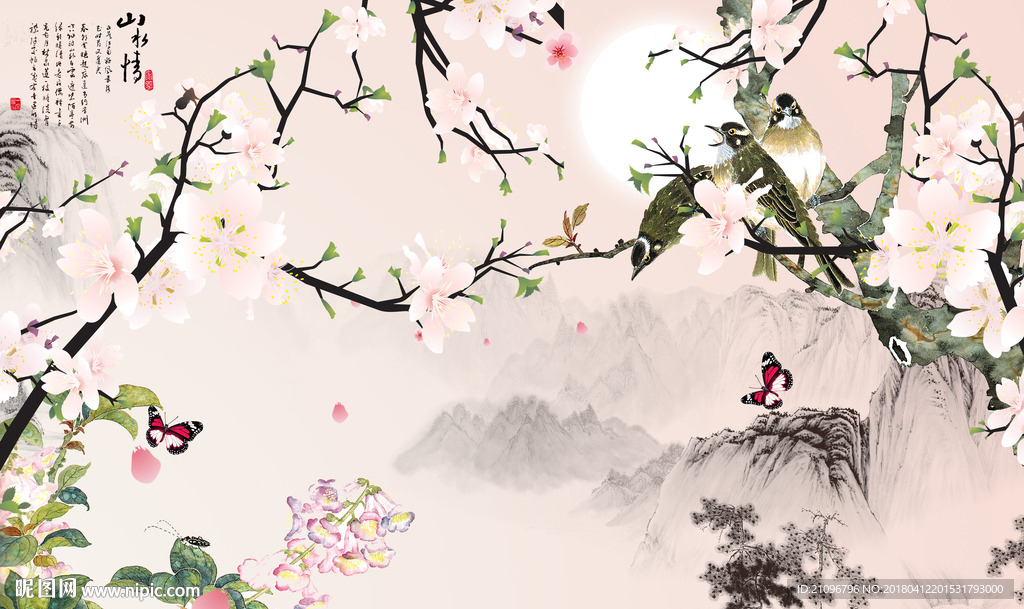 国画花鸟背景墙