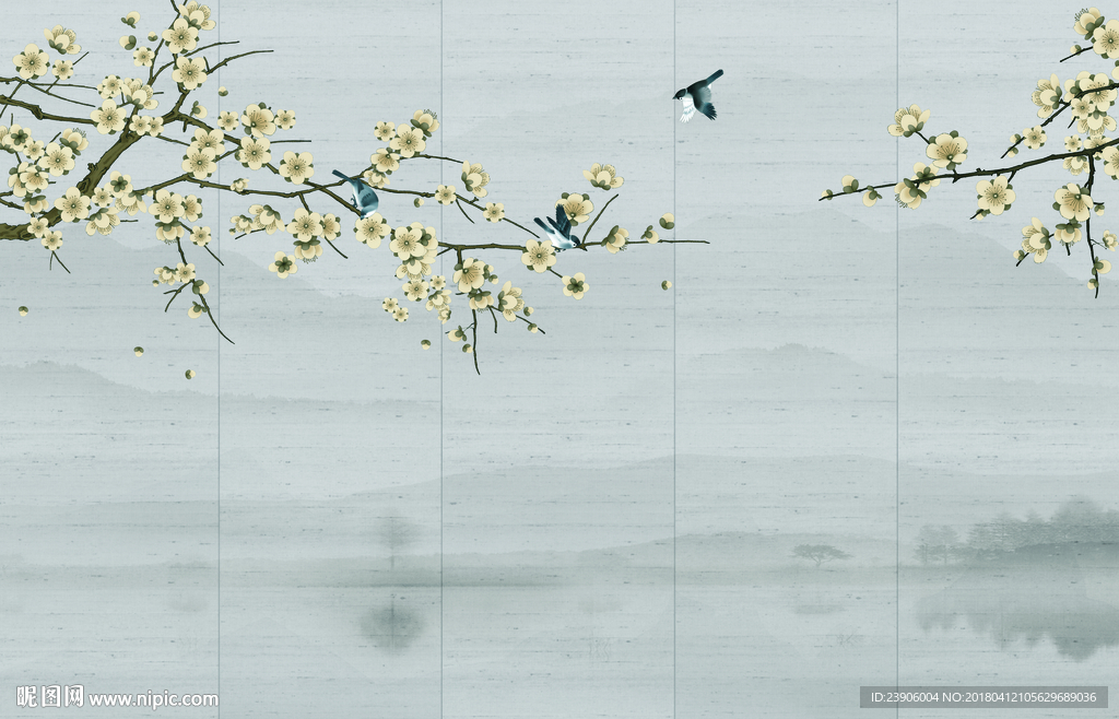 大型高清梅花山水背景壁画
