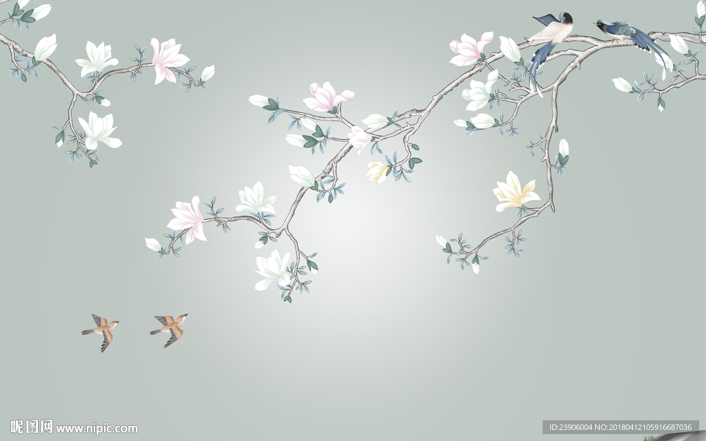 大型分层手绘花鸟背景壁画