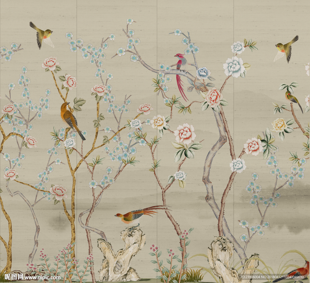 大型高清花鸟国画背景壁画