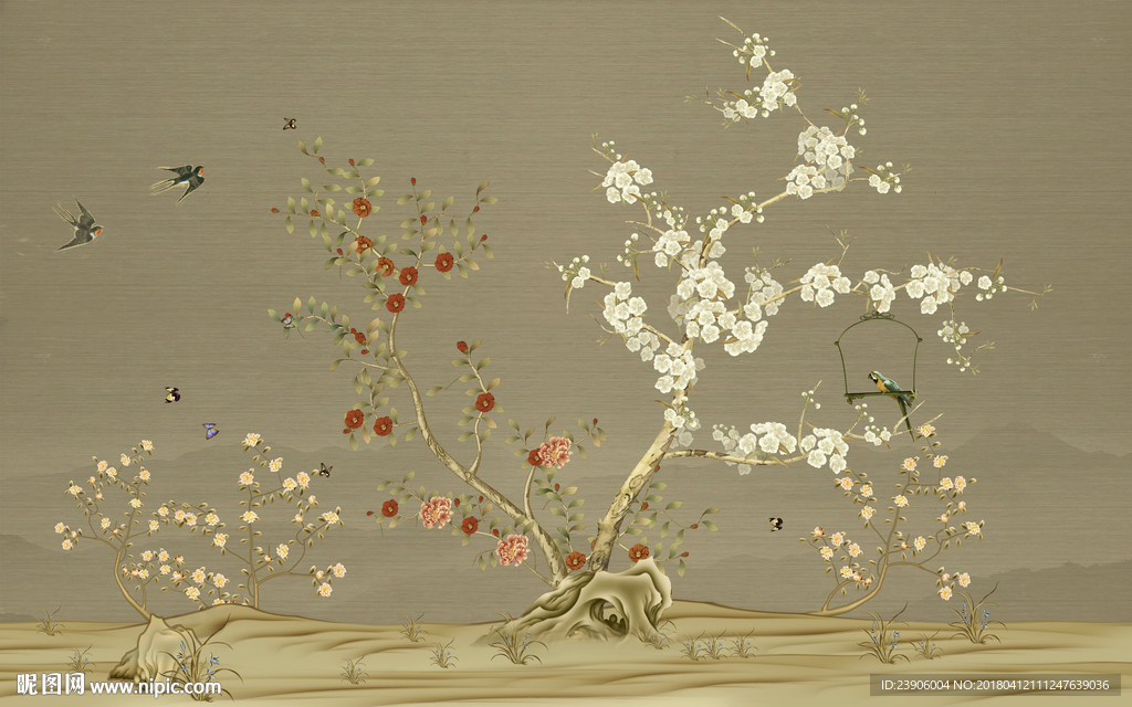 大型新中式花鸟国画背景壁画