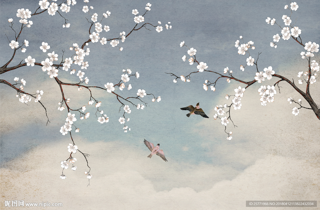 大型分层新中式花鸟背景壁画