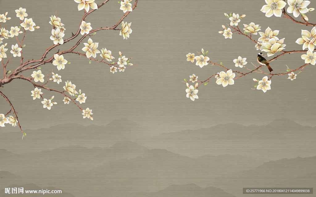 大型高清分层国画花鸟背景壁画