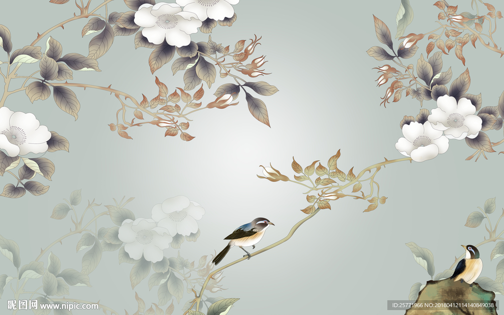 大型高清分层手绘花鸟壁画