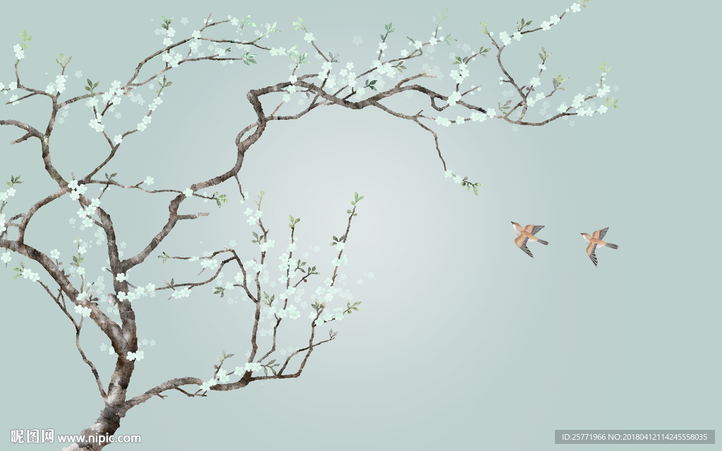 大型新中式分层花鸟背景壁画