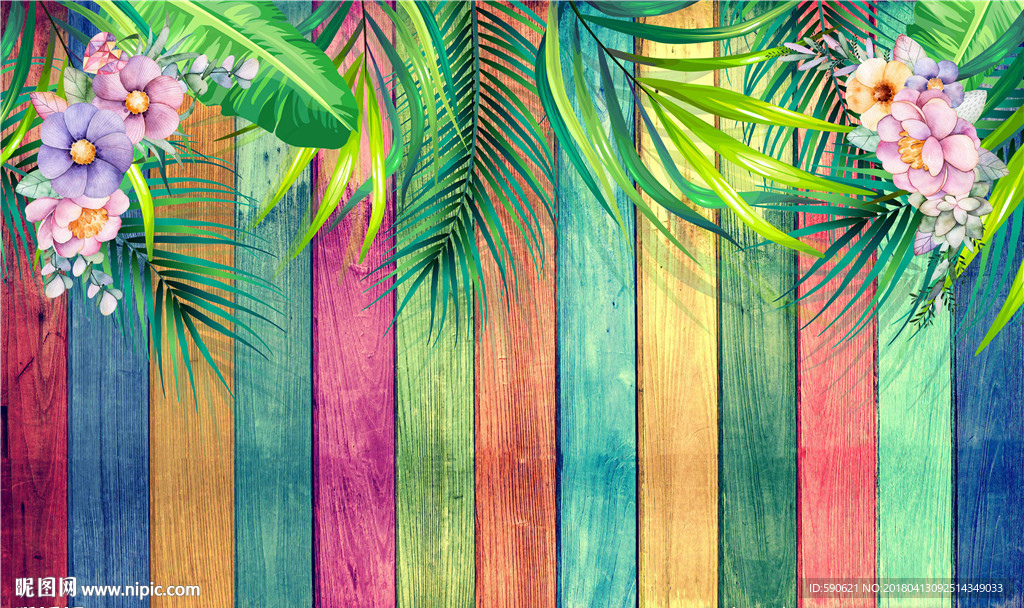 彩色木板芭蕉背景墙壁画
