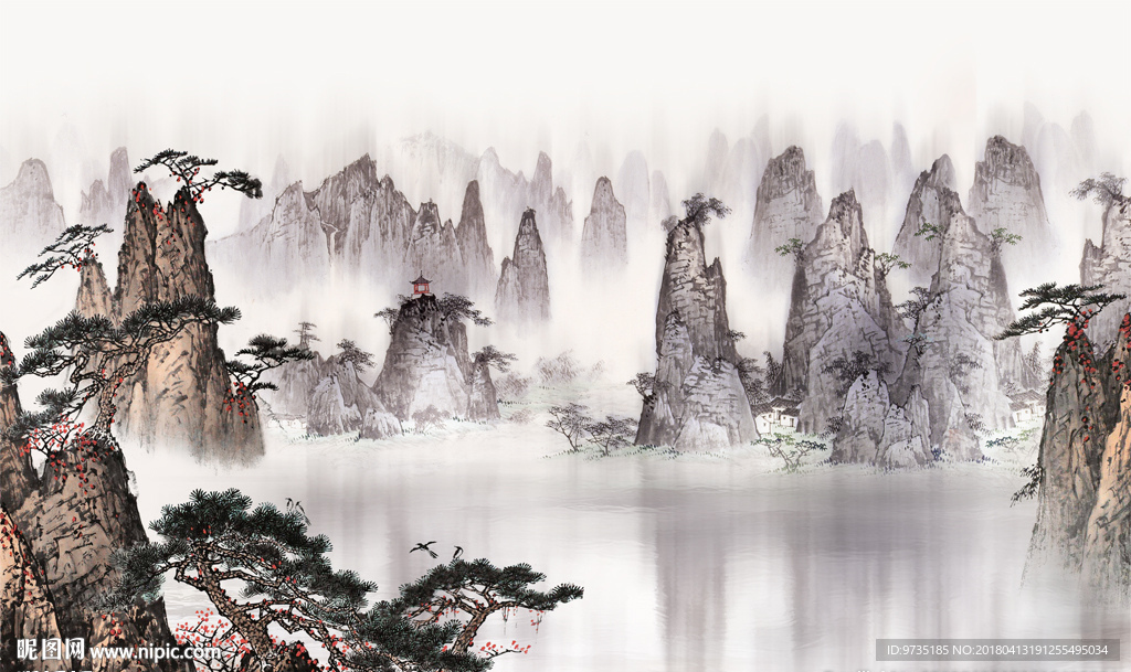 迎客松山水画背景墙壁画壁纸