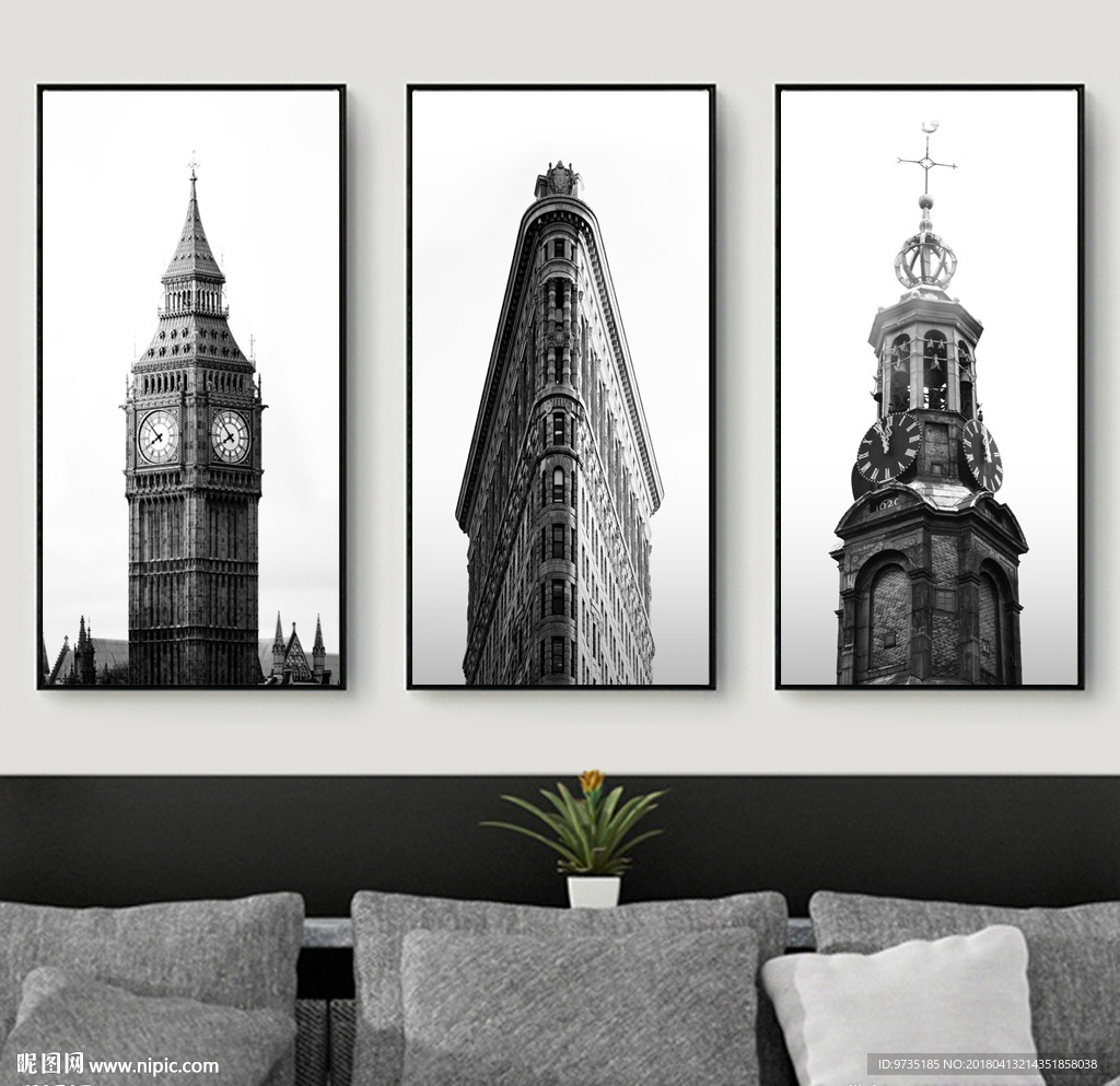 黑白灰古城堡名胜古迹复古装饰画