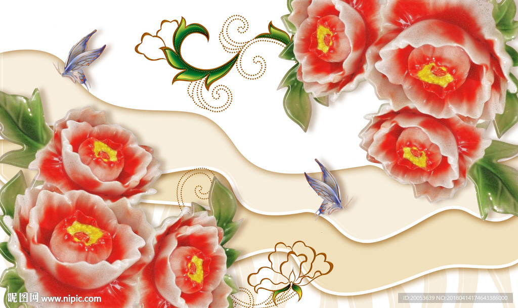 3d玉雕花朵电视背景墙