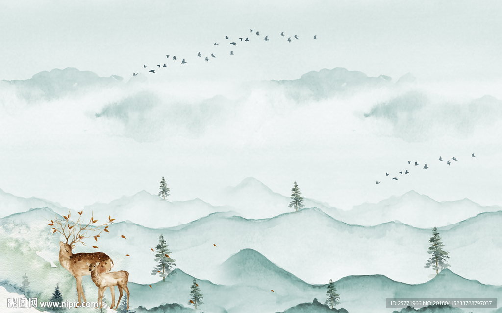 大型高清抽象山水麋鹿背景壁画