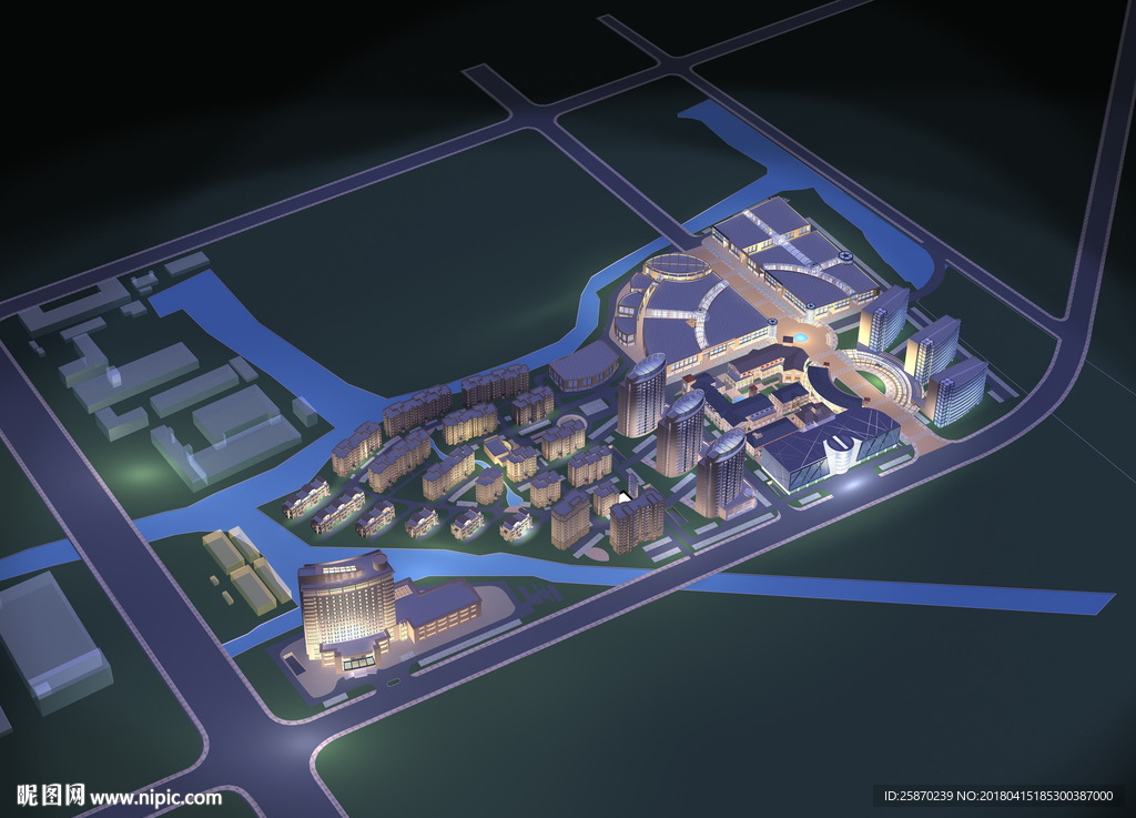 3D夜景小区商城鸟瞰模型