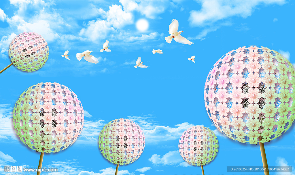 梦幻花卉蓝天白云电视背景墙