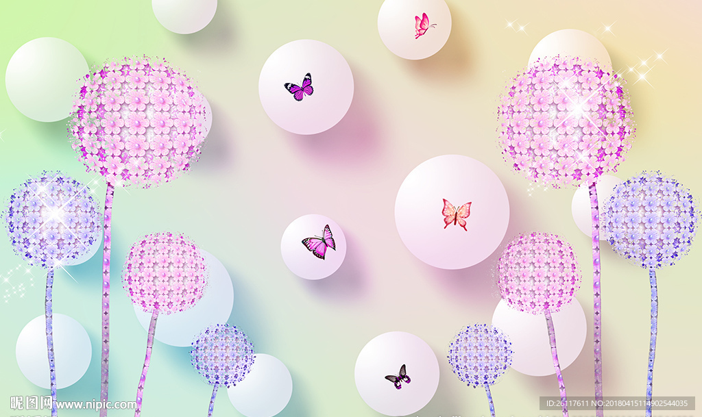 梦幻仿蒲公英蝴蝶电视背景墙