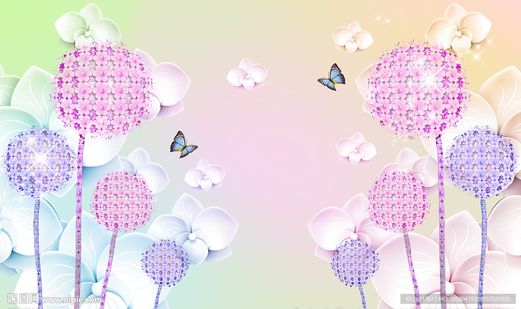 梦幻仿蒲公英花卉蝴蝶电视背景墙