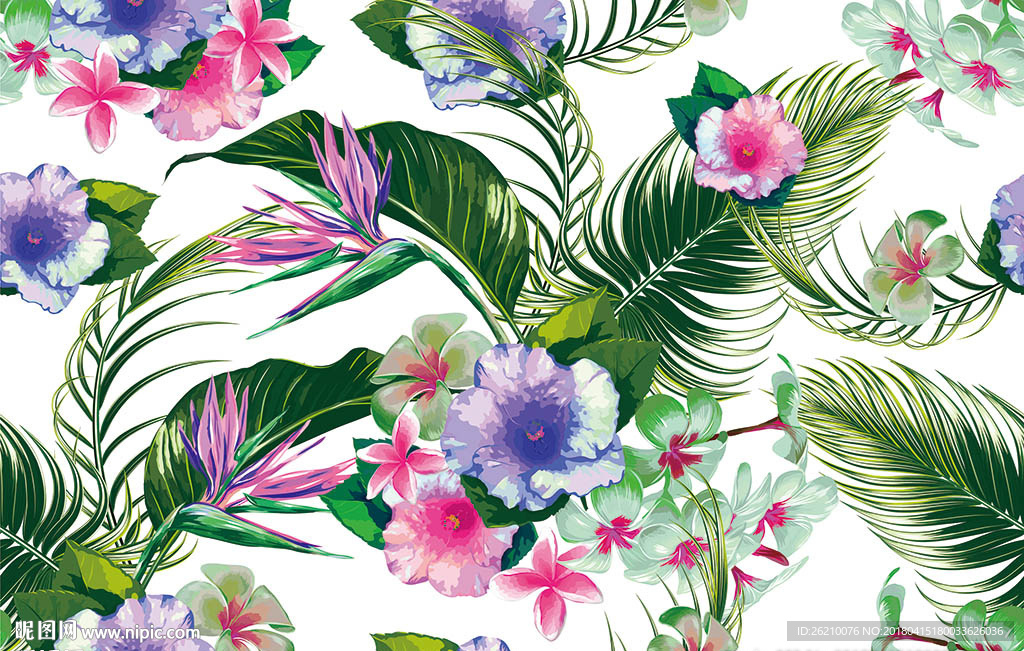 热带鲜花植物无缝图案墙纸