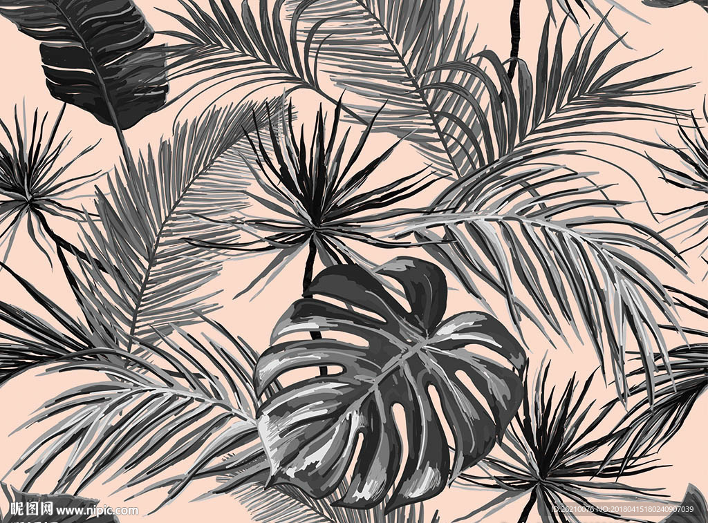 时尚黑白热带植物无缝图案墙纸
