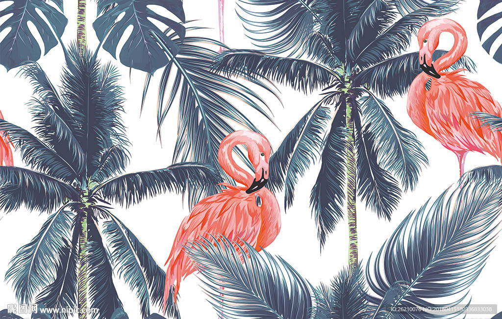 热带椰树火烈鸟无缝图案墙纸
