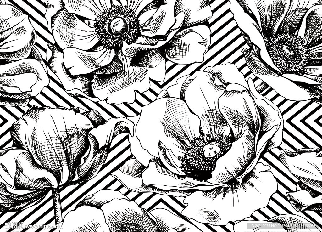 黑白素描鲜花矢量无缝图案墙纸