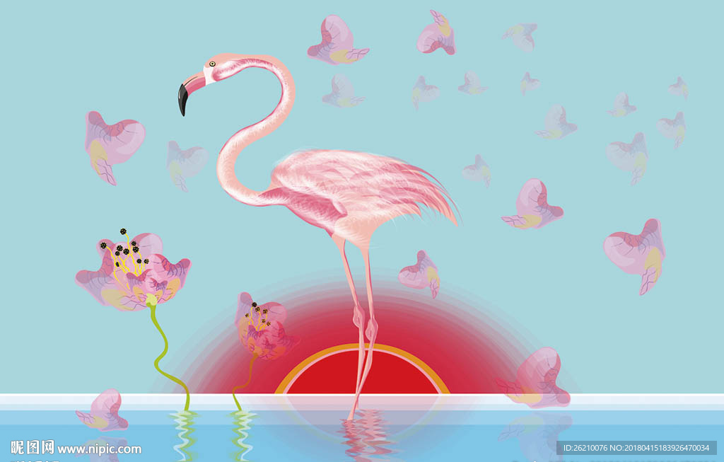 唯美火烈鸟花瓣矢量背景墙