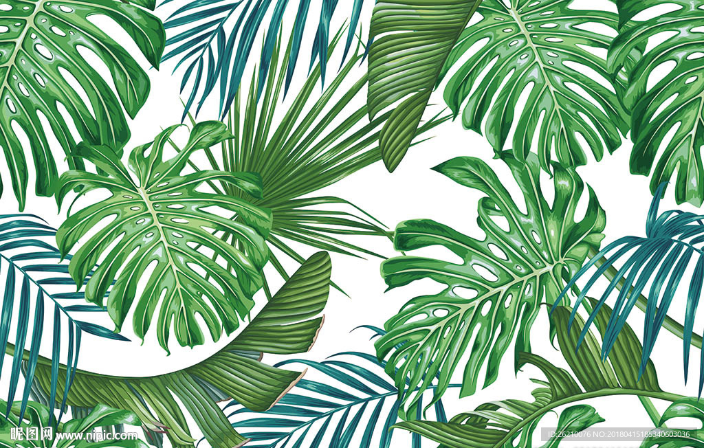 热带绿色植物矢量图案无缝墙纸