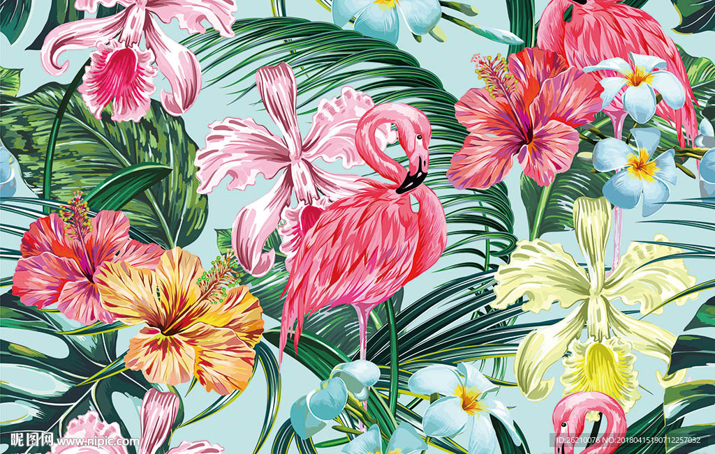 火烈鸟时尚热带植物无缝背景墙
