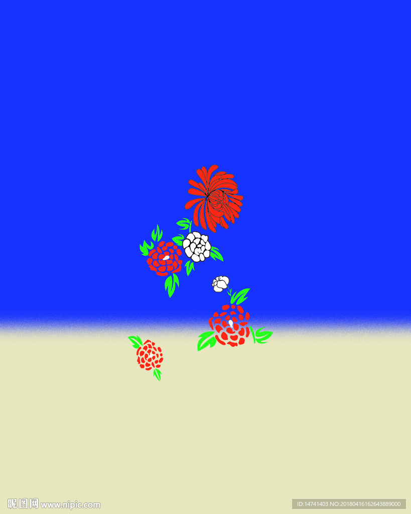 蓝杏渐变红花绿叶服装印花图案设