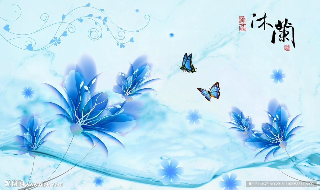简约蓝色沐兰花电视背景墙壁画