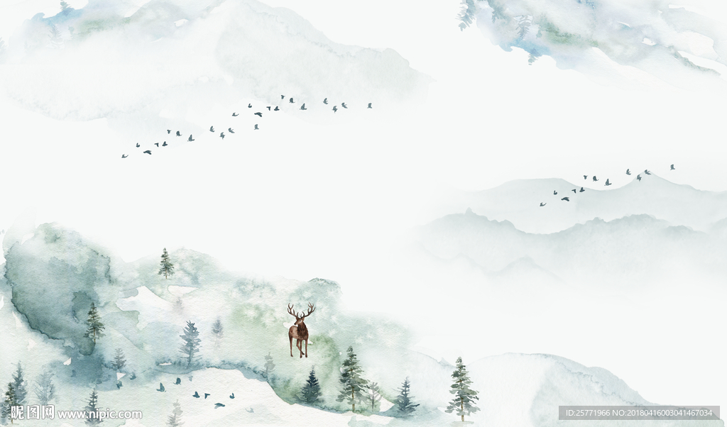 简约北欧风格手绘抽象山水麋鹿