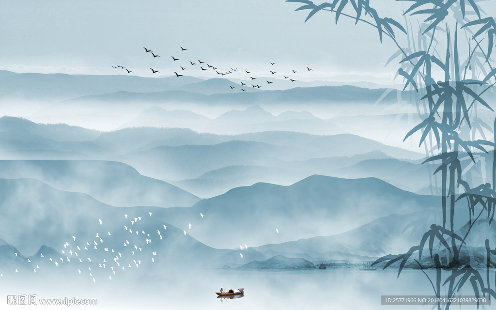 新中式水墨山水竹子背景墙壁画