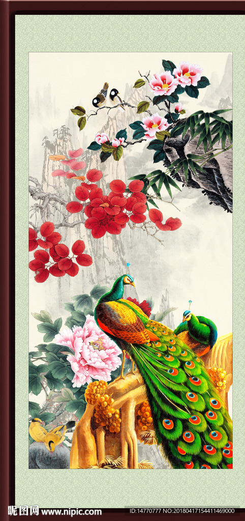 孔雀国画竖幅
