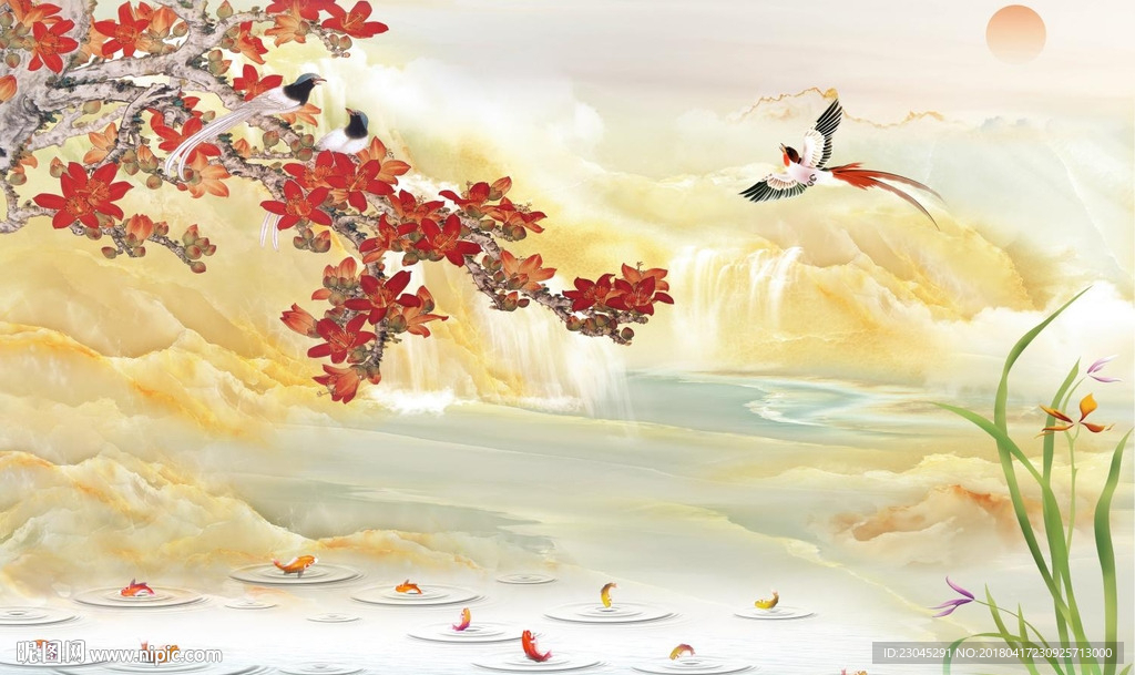 山水花鸟枫叶锦鲤大理石背景墙