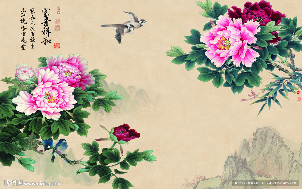 大型高清分层花开富贵背景墙