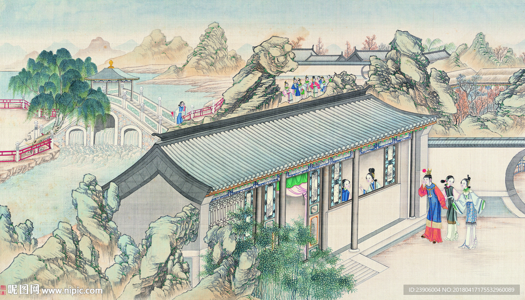 大型红楼梦国画仕女图壁画