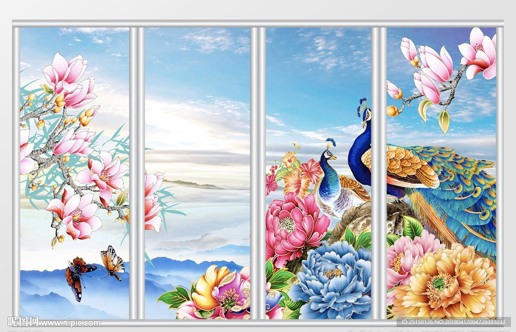 花开富贵孔雀牡丹移门