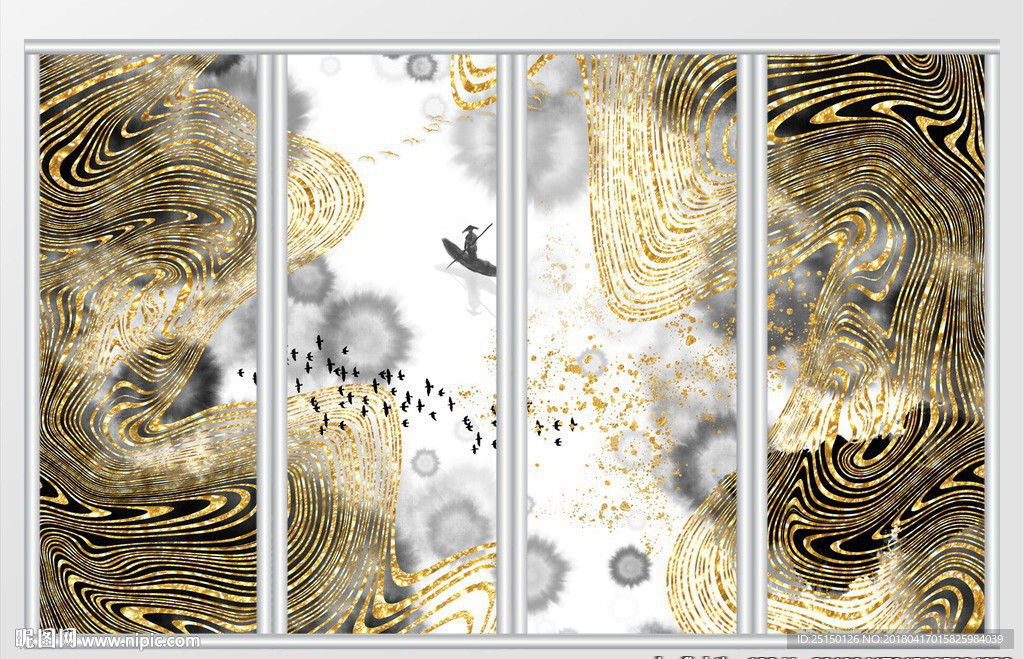 新中式金色抽象山水背景移门