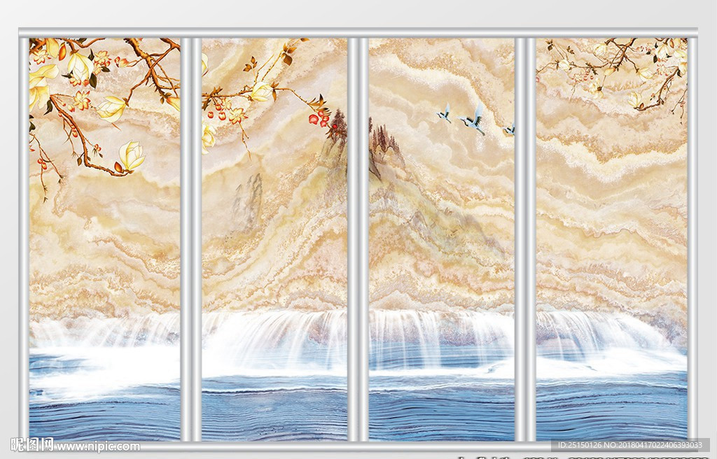 高清3D大理石纹山水花日出移门