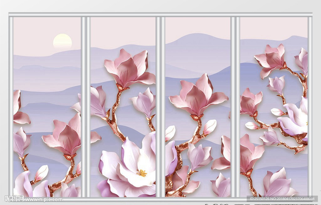 立体花卉意境山水移门