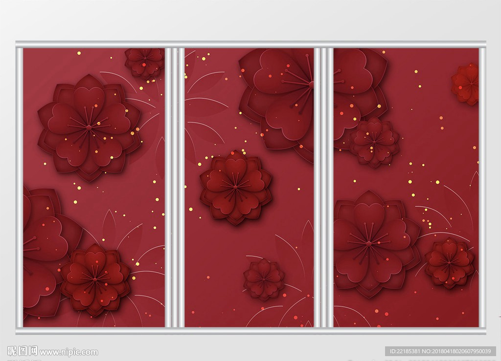 红色喜庆立体花卉移门