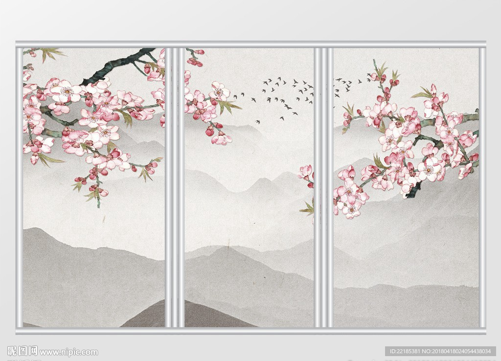 新中式手绘梅花花鸟移门